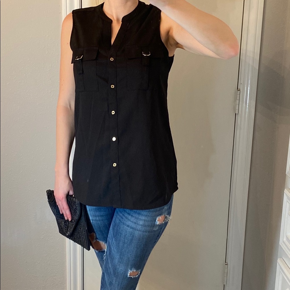 Black Calvin Klein silky sleeveless blouse.